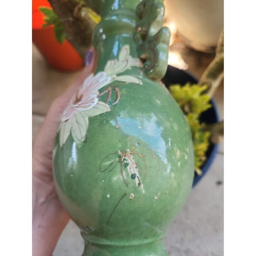Vtg Japanese Moriage Satsuma Vase Double Handle Green Pink Floral Gold Guilt 10